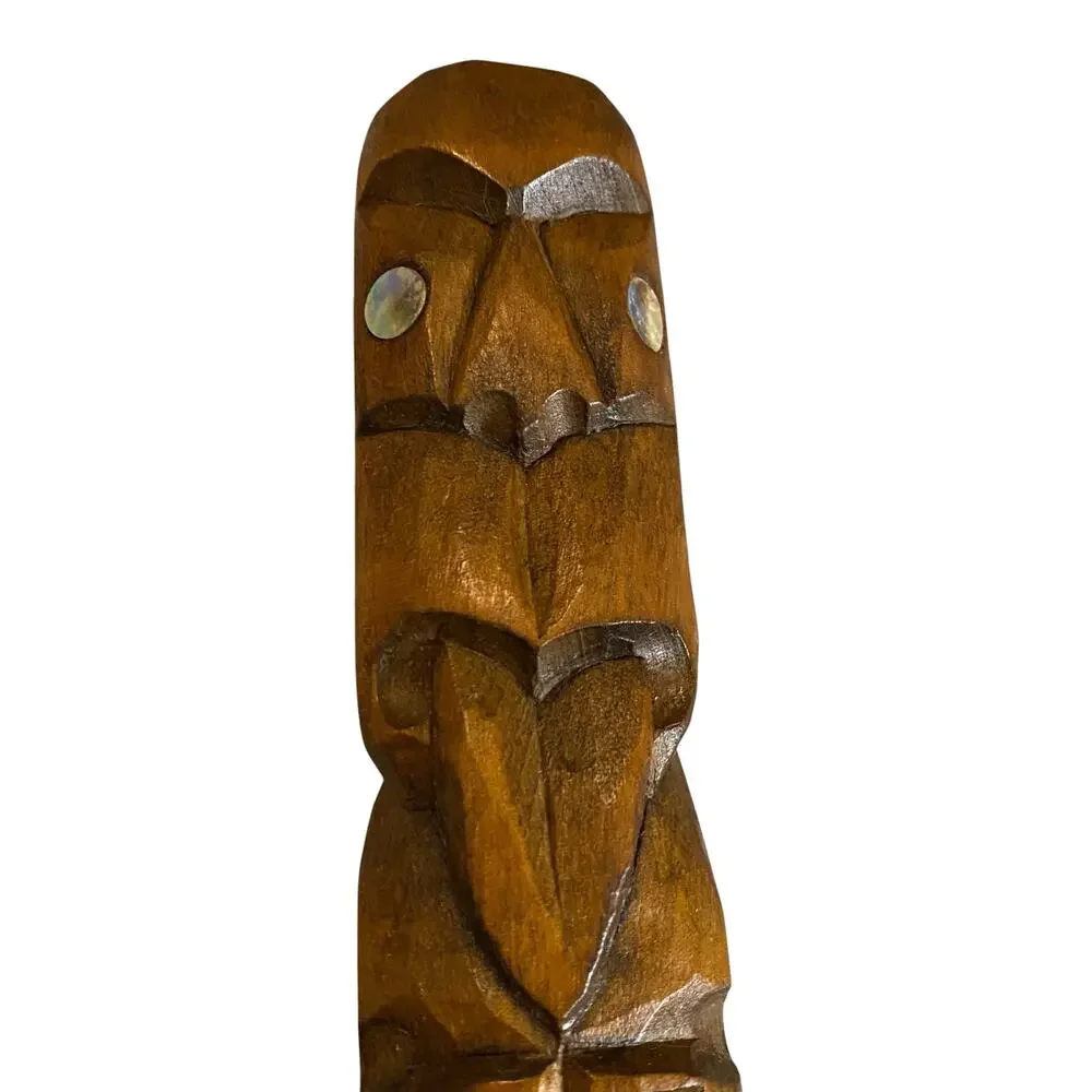 Vintage Maori Wood Carved Tiki Figure New Zealand Abalone Shell Eyes 8